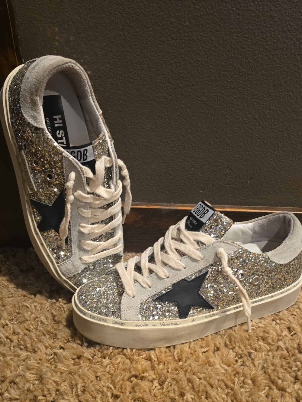 Golden Goose Hi Star Glitter Sneaker in Silver and Cream